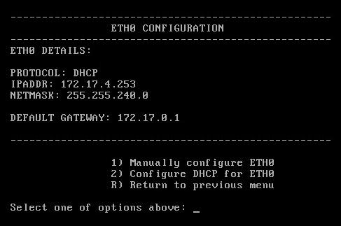 CONFIGURE ETHERNET DEVICE In the Ethernet configuration screen, select the number of the NIC you wish to configure.