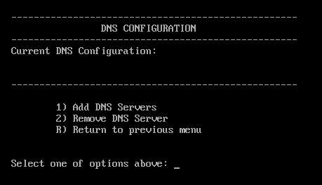 CONFIGURE DNS If your DNS servers have not been picked up by DHCP you can add them here. Type 4 to Configure DNS and choose option 1 to Add DNS server or 2 to Remove DNS server.