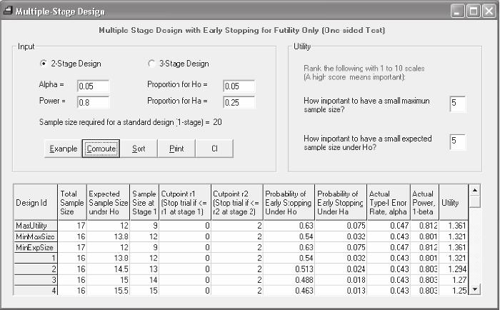 10 EXPDESIGN STUDIO Figure 1.10 Multistage design window. 1.2.6 How to Design a Dose-Escalation Trial 1. Click or on the toolbar to start a dose - escalation design. 2.