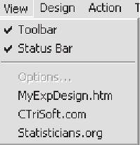 12 EXPDESIGN STUDIO Figure 1.12 View menu. Figure 1.13 Design menu. The MyExpDesign Studio.htm option can be used to access the local Web page, which you can change as you like.