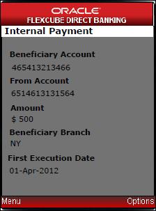 Internal Transfer Payment Execution Frequency when Pay Periodically is selected Submit Cancel [Conditional, Dropdown] This field is available only when the Payment Type selected is Pay Periodically.