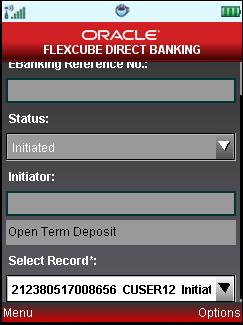 Transaction to Authorize Pending Authorizations Field E-Banking Reference Number Status Initiator Select Record [Optional, Alphanumeric] Type the E-Banking Reference Number as Search criteria.