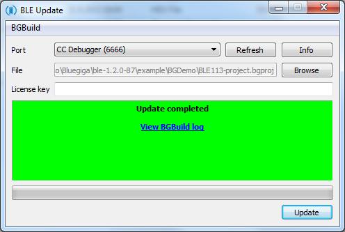 5.6 Compiling and Installing the Firmware 5.6.1 Using BLE Update tool When you want to test your project, you need to compile the hardware settings, the GATT data base and BGScript code into a firmware binary file.