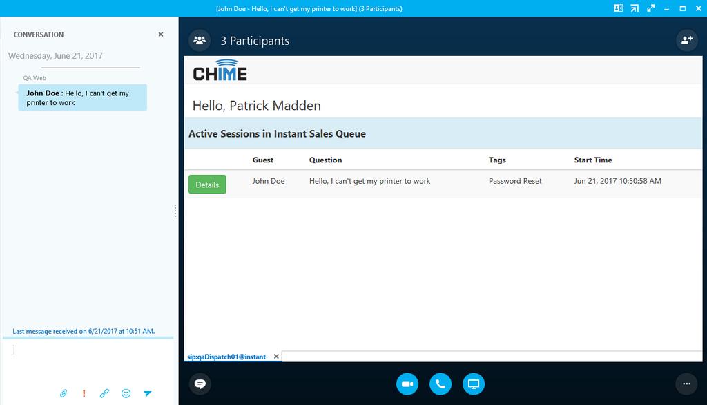 Figure 19: IM notification 4. A second IM window will be opened where you are joined into a conference with the guest and the Chime dispatcher. You are now connected with the guest.