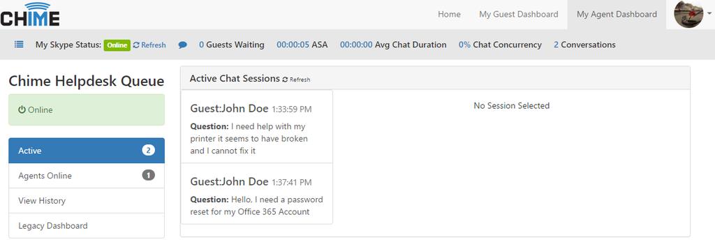 In the Agent Dashboard you can see the statistics for your chats over time and your Lync/Skype for Business status on the grey bar spanning the page.