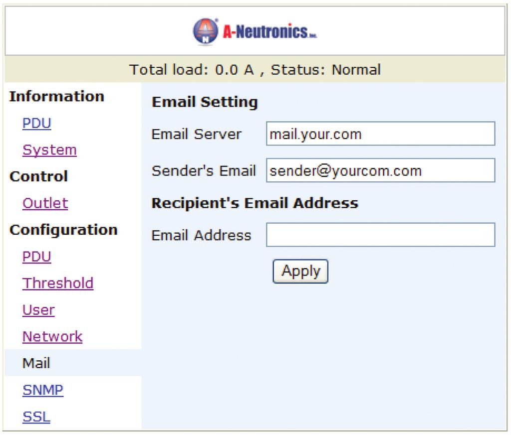 Web Interface Configuration: Mail When the event occurs, the PDU can send out an email message to a pre-defined account.