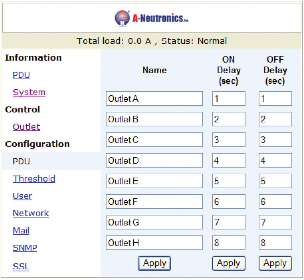 Web Interface Configuration: PDU Set the outlet name and delay time. Name: Rename the outlet.