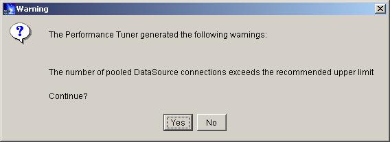 Performance Tuner Warning Message Warning message displayed before changes are made Possible to change extreme values before continuing Nearly all changes require a restart of the application server