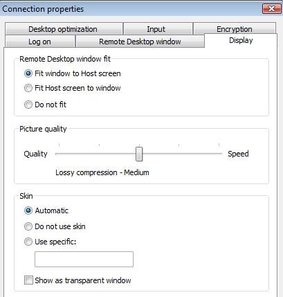 3. Display tab The Remote Desktop window fit settings determine how the remote desktop is presented in the window on the Guest.