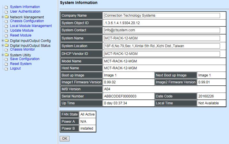 4.1 System Information Click System Information from Main Menu, then the System Information page shows up. Company Name: Enter a company name for this CHASSIS of up to 55 alphanumeric characters.