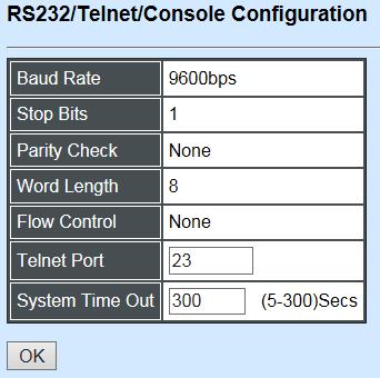 Baud Rate: 9600 bps, RS-232 setting, view-only field. Stop Bits: 1, RS-232 setting, view-only field. Parity Check: None, RS-232 setting, view-only field.