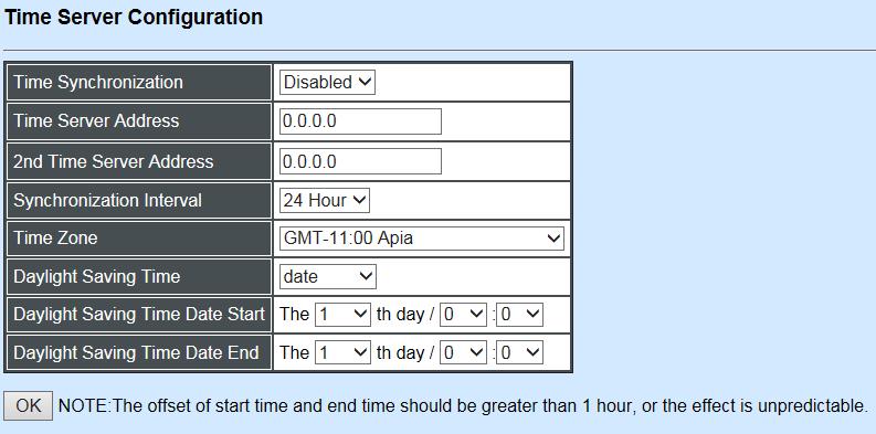 Time Synchronization: To enable or disable time synchronization. Time Server Address: NTP time server address.