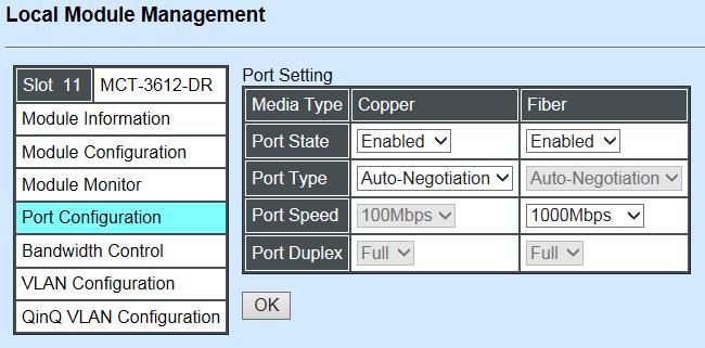 Port Setting Media Type: Select between Copper (UTP, RJ-45) and Fiber Port State: Enable or disable port state.