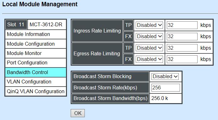 right to let you enable/disable TP/FX, specify the rate in kbps, enable/disable broadcast Storm settings and specify the rate in kbps in broadcast storm blocking.