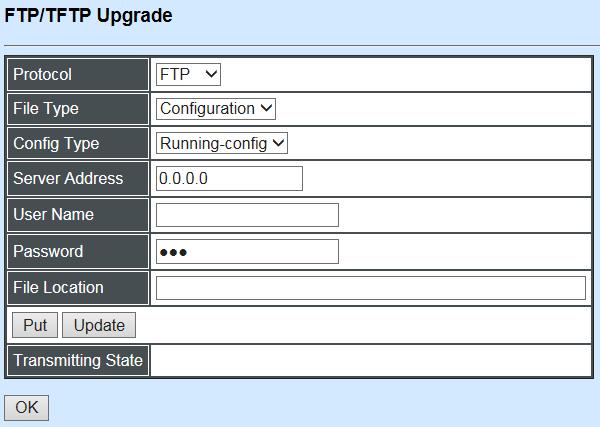 4.11.4 FTP/TFTP Upgrade Select FTP/TFTP Upgrade from the System Utility folder, then the following screen page appears. Protocol: Select the preferred protocol, either FTP or TFTP.