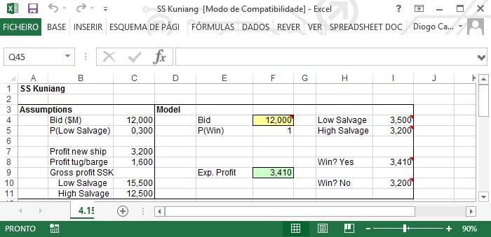 2. 2. EXAMPLE Figure 2.1: A spreadsheet to calculate the winning probabilities of an auction. Figure 2.2: Spreadsheet of Figure 2.1 with the formulas visible.