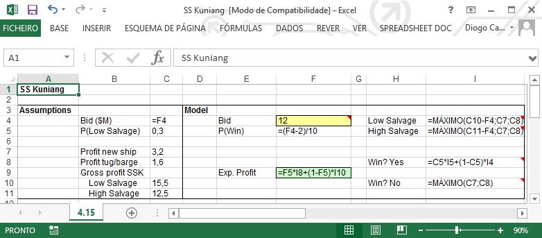The formula present in the book is P(Win) = (Bid - 2)/10, for 2 Bid 12. This formula is more direct then the one presented in the spreadsheet, and the range of Bid (F4) is now clear.
