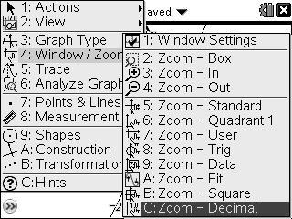 Graph page menu changes The main changes are as follows. Zoom setting In the Window/Zoom menu, a Zoom Decimal option has been added (see screenshot below left). This enables automatic tracing in 0.