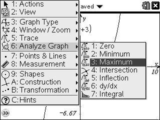Special values The Analyze Graph menu allows the user to find significant points on a graph (zeros, minimums/ maximums, inflection) and locate an intersection point of two graphs (the intersection