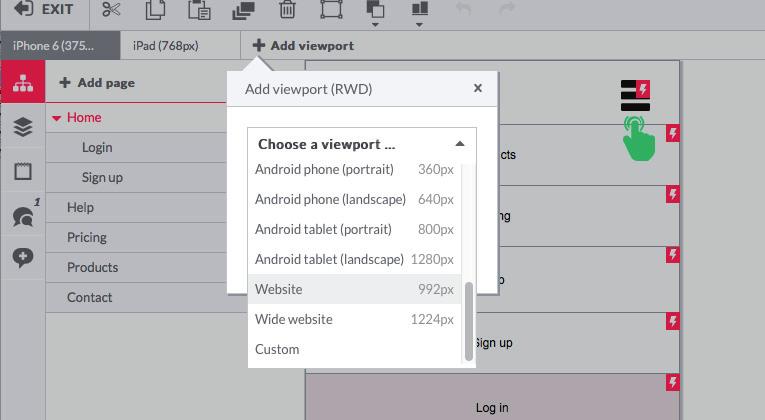 Choose a standard desktop width or if starting with a mobile first approach then you d select one of the mobile preferences (you can also choose a custom page width for your default viewport).