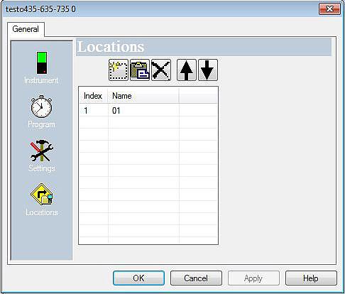 Measuring locations > Select Locations. In the Locations window you can Create new measuring locations Paste data from the clipboard Delete measuring locations Determine limit values (testo 735 only).