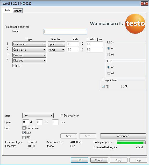 Limit values and PDF report The data logger can be configured on the Limits and Report tab.