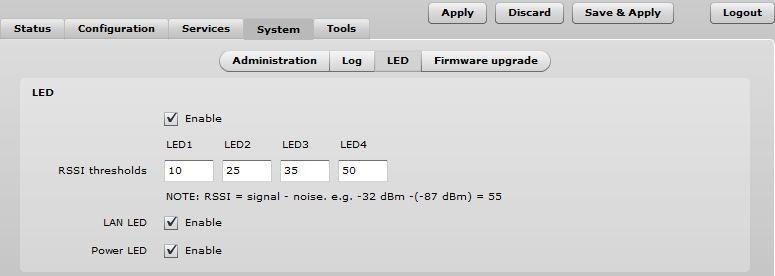 54 Enable select to enable LEDs on the device. If this option is not selected, then no LED activity will be visible on the device.