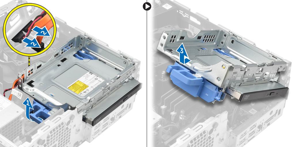 5 To remove the optical drive from the optical drive cage: a Press the optical drive release latch [1] and