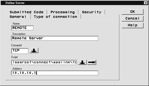 In the General tab, specify the items required to establish a SAS/CONNECT connection. Select a name for your server, the communications access protocol, and a SAS/CONNECT script file.