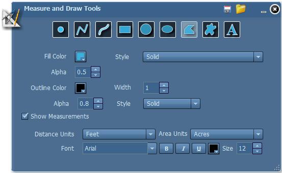 Measure and Draw Tools Using one of the tools here will allow you to add symbols and text to your map. Any graphics you create can be saved and reopened in future sessions with these tools.