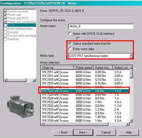 Post configuration, drive 2 11. The second drive does not have a Drive-CLiQ encoder; the motor must be manually selected.