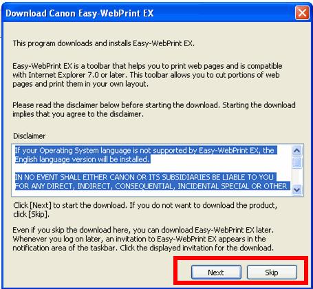 Selecting Next will download and install the Easy- WebPrint EX software.