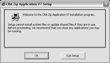 The CBA Zip Application V7 Setup Welcome dialogue will be displayed.