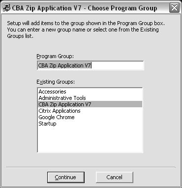 Then click the OK button to return the location to the CBA Zip Application V7 Setup Begin installation dialogue.