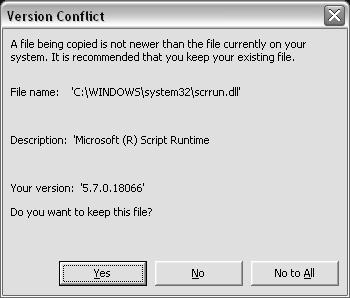 Depending on the operating system in use (Windows XP, Windows Vista, Windows 7) one or more Version Conflict dialogues may be displayed.
