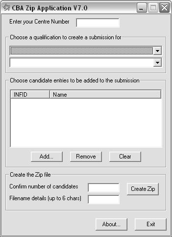 The dialogue contains six fields, of which five are mandatory, that have to be completed to create the zip file containing the candidate s work. The key fields are explained in the table below.
