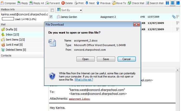 6) Downloading Attachments Attachments are displayed in the message header, just below the To field. To download an attachment, click on the file name.