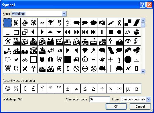 Click on the Font dropdown list to choose a different font. Webdings or Wingdings have a lot of fun icons from which you can choose.
