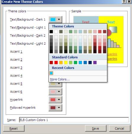 To see more color choices click on the More Colors link at the bottom of the window, which opens the Colors palette. Here you can select options from the Standard or Custom tabs.