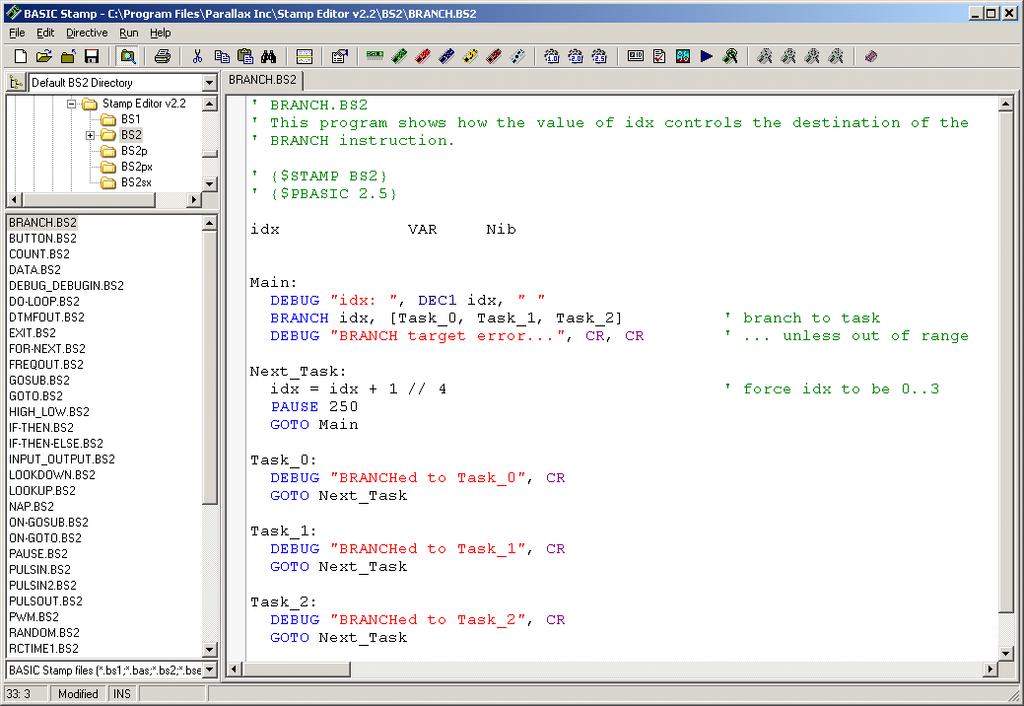 Figure 4: Screenshot of BASIC Stamp Programming Editor Window {$PBASIC 2.5} can be manually added to the beginning of the program. Also, the line can be added automatically by selecting Version 2.