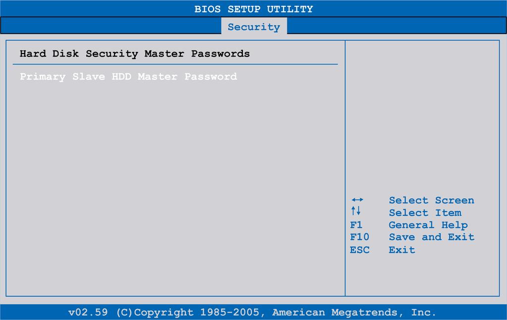 Configuration of the BIOS Hard Disk Security User Passwords BIOS Setting Description Setting Options Effect Primary Slave HDD User Password With a valid user password, you can change or configure