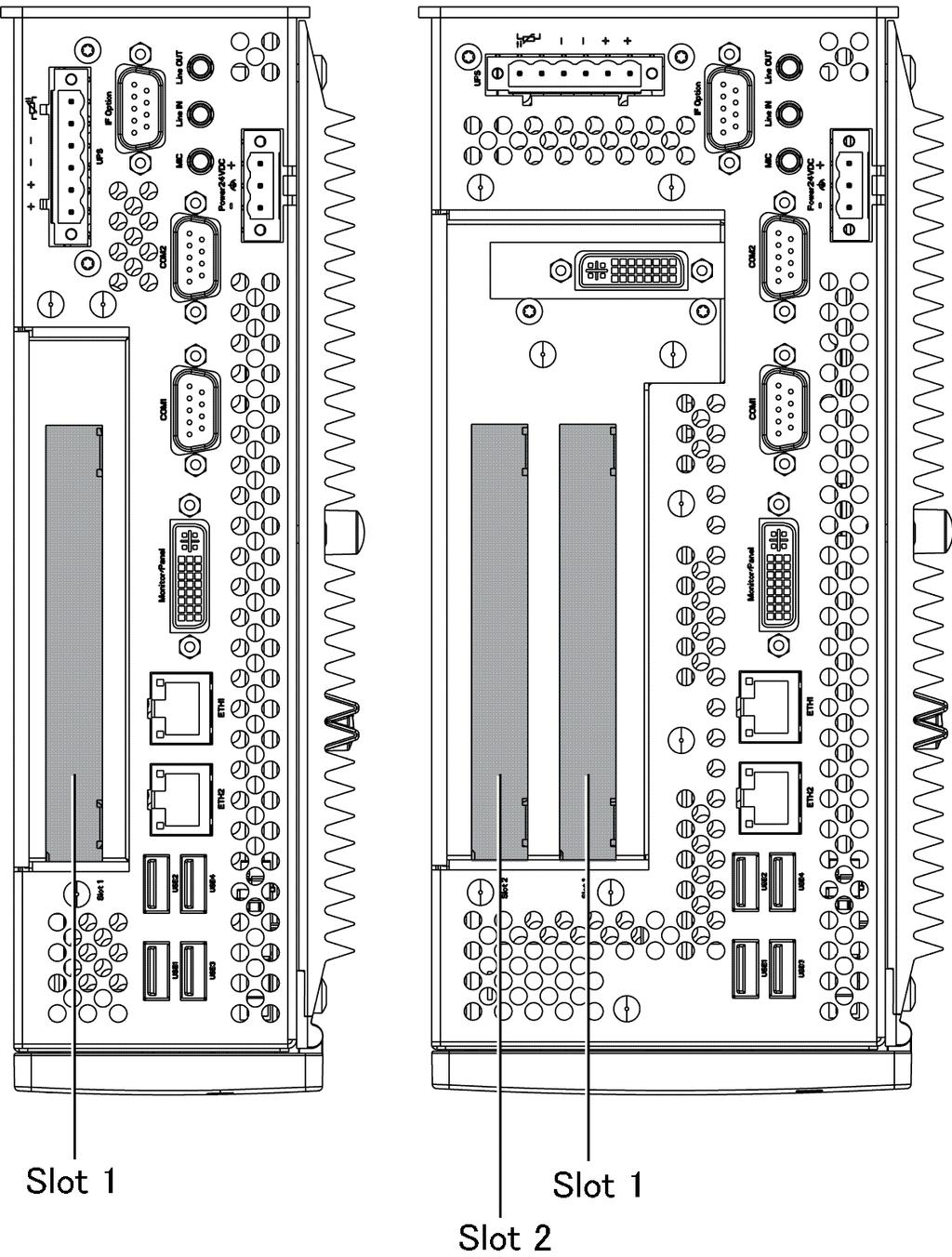 PS-4700/4800 Series (Atom N270 / Core 2 Duo P8400 Pre-installed Model) User Manual PCI Slot Position The following figure shows the PCI slot position: NOTE: Take into account the PCI/PCIe card type