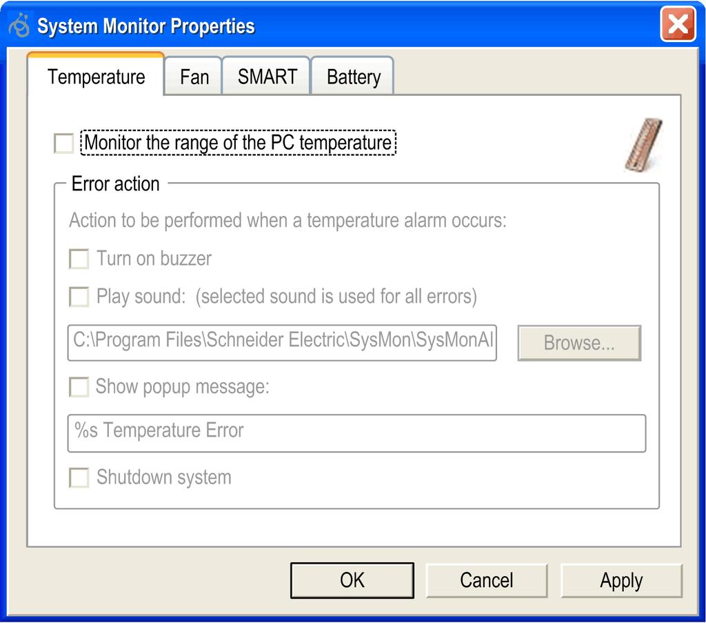 System Monitor System Monitor Setting Overview You can set the System Monitor parameters and specify the type of alarm in the System Monitor applet in the Windows Control Panel.