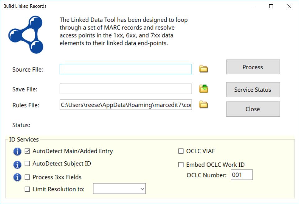Linked Data Tool Linked data tool enables reconciliation services Works from a rules file, which enables users to customize the output provided MarcEdit 7 provides a rules file optimized for MARC21,