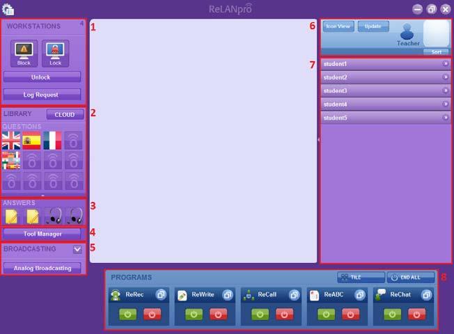 7 Maro Multimediaal Main Window ReLANpro Language LAB Start the application Double click on the ReLan Teacher icon on your desktop. Or choose: Start All Programs Renet ReLan Teacher Main screen 1.