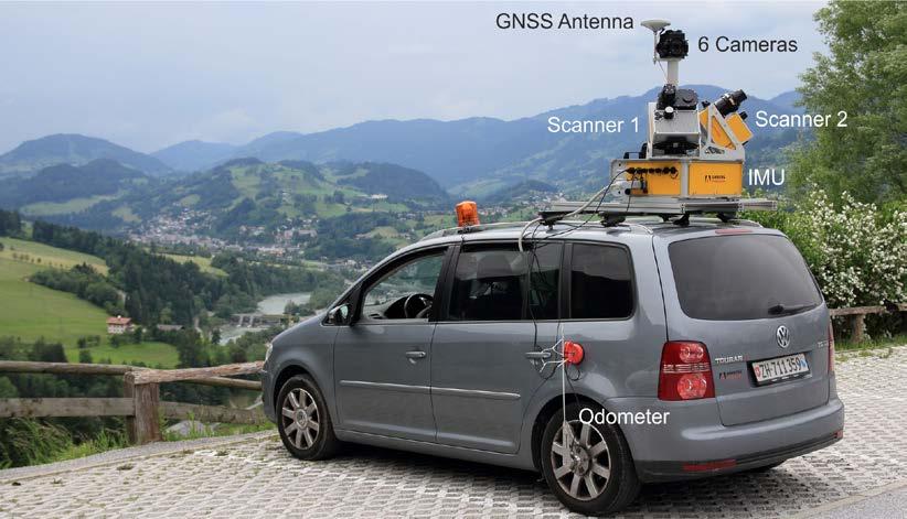 2.1 Hardware Based on the requirements, our used MMS consists of a geodetic GNSS antenna and a receiver, an inertial measurement unit (IMU), an odometer, several cameras and two laser scanners, see