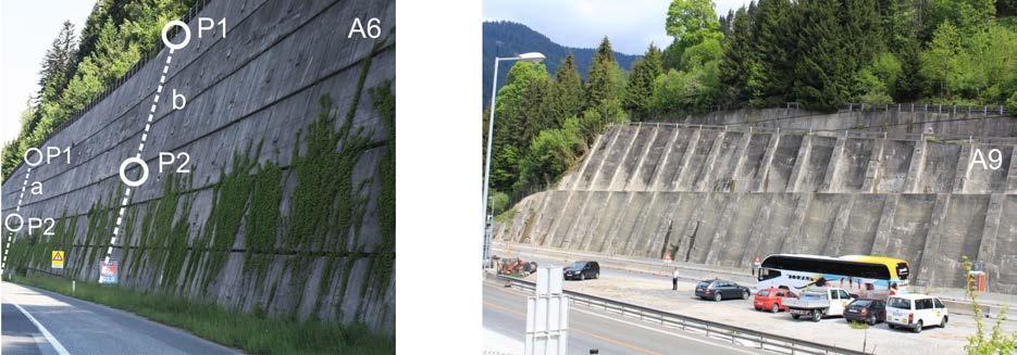 The anchored walls are higher and also longer (maximum height >23 m and length >300m). The wall A6 is also equipped with a conventional monitoring system. As can be seen in Fig.
