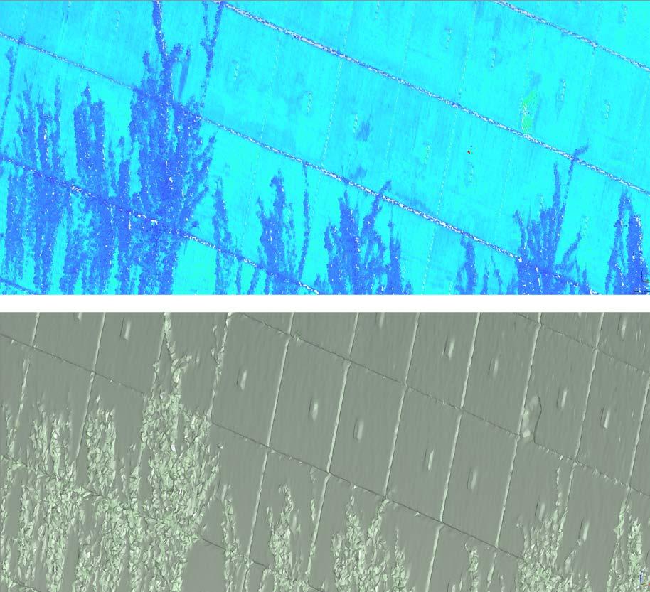 Fig. 7 Detail of point cloud (top) and modelled surface (bottom) of retaining wall A6 This information is now combined with the data of the two profile laser scanners which results in a high