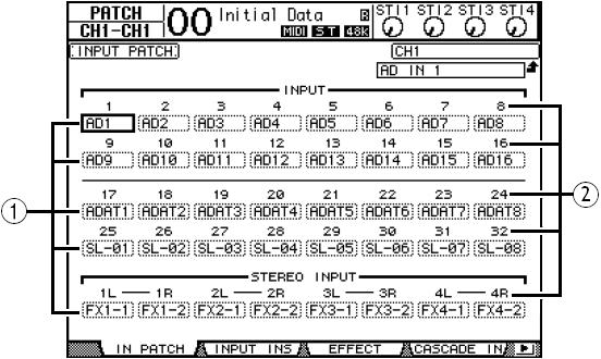 On the Yamaha 01V96 Digital Mixing Console, input, input insert, effect, cascade, output, output insert, direct out and 2TR output patching all happen via pages that are similar in nature to the In