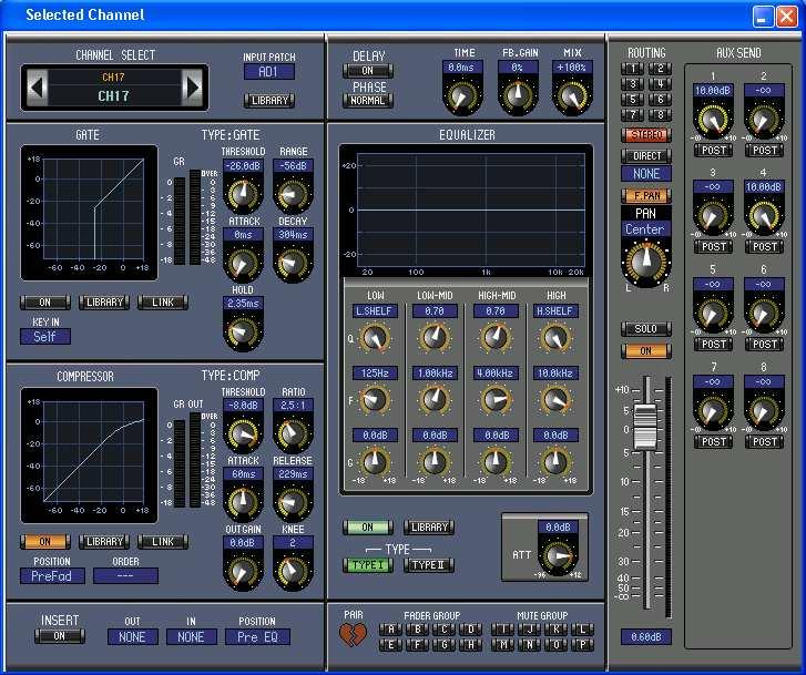 Figure 10: 01V96 Editor Selected Channel window Routing audio within the Yamaha 01V96 Digital Mixing Console is made possible by the Patch Editor window, the use of the buttons and sliders available